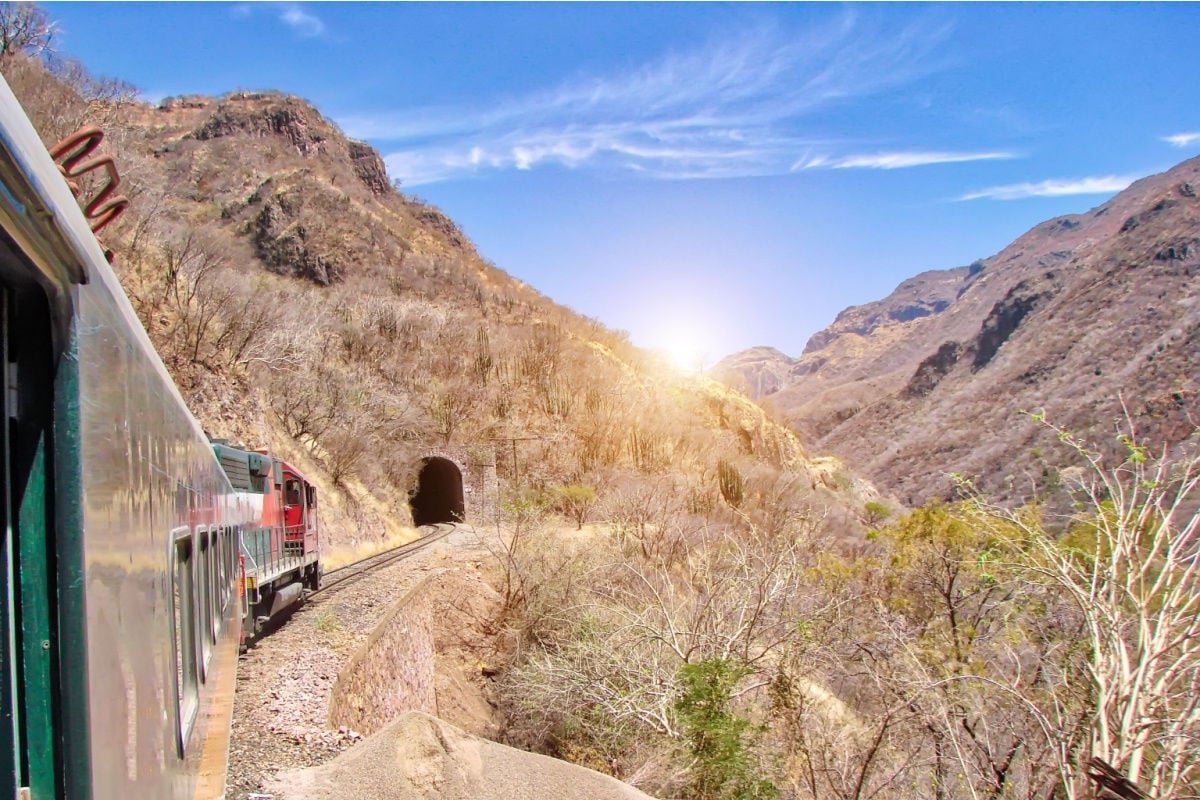 Train going into tunnel on Copper Canyon railway