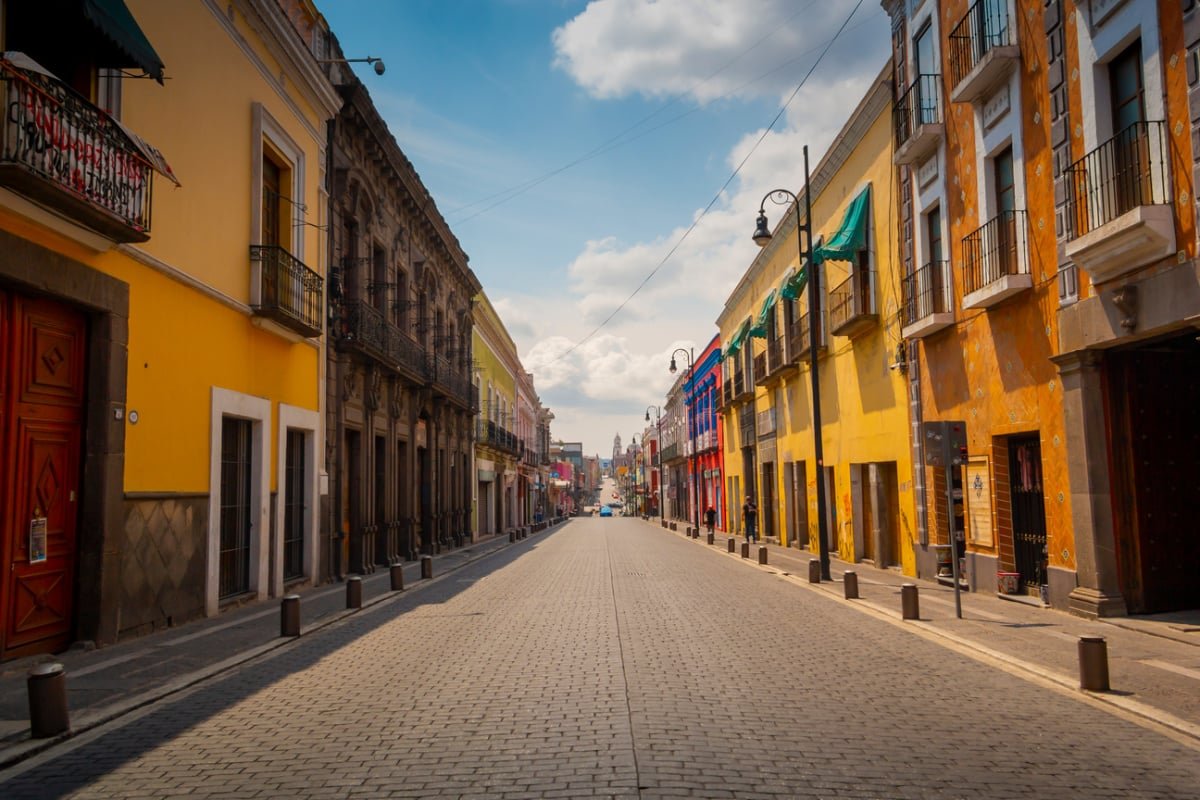 Historic buildings on empty street in Puebla, MX